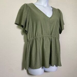 Lane Bryant Plus Size 18/20 Olive Green Swiss Dot Peplum Flutter Sleeve Top